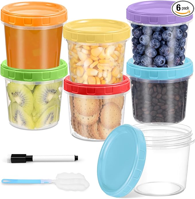 10 oz Plastic Containers with Lids, 6 Pack Stackable Small Freezer Container, Reusable Clear Food Storage Meal Prep Containers for Snack Fruit, Microwave & Dishwasher Safe, with Pen & Brush