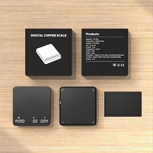 Coffee Scale, 2kg/0.1g High Precision Mini Coffee Scale with Timer, Rechargeable, for Espresso and Pour-Over Coffee