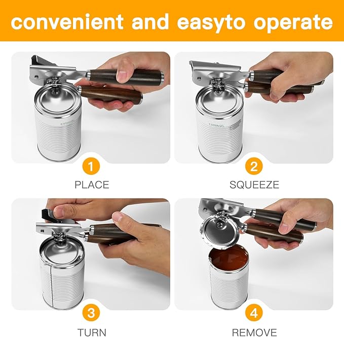 Upgraded Efficient Manual Can Opener - Selected Solid Wood Handle, Sharp and Smooth Blade Edge, Portable Design, Easy-Open Large Knob, Versatile for Various Bottle Caps(Agarwood)