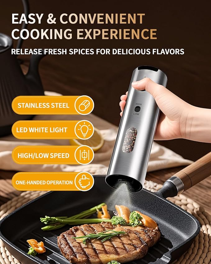 CIRCLE JOY Rechargeable Electric Salt and Pepper Grinder Set, 2-speed Stainless Steel Automatic Pepper Mill Grinder w/Charging Base, Adjustable Coarseness, LED Light, 110ml Large Capacity Top Fill