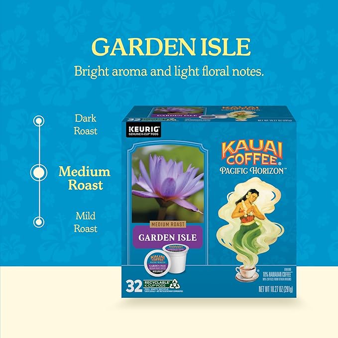 Kauai Coffee K-Cup Pods for Keurig Brewers – Arabica Coffee, 10% Hawaiian – Medium Roast, Bright Aroma With Light Floral Notes – Garden Isle, 1 Pack of 32 Single Serve K-Cups