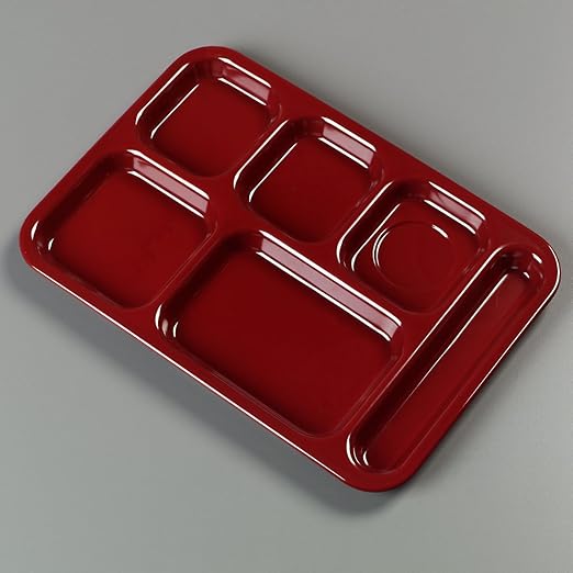 Carlisle FoodService Products Right Hand 6-Compartment Melamine Tray 14.5" x 10" - Dark Cranberry (Pack of 12)