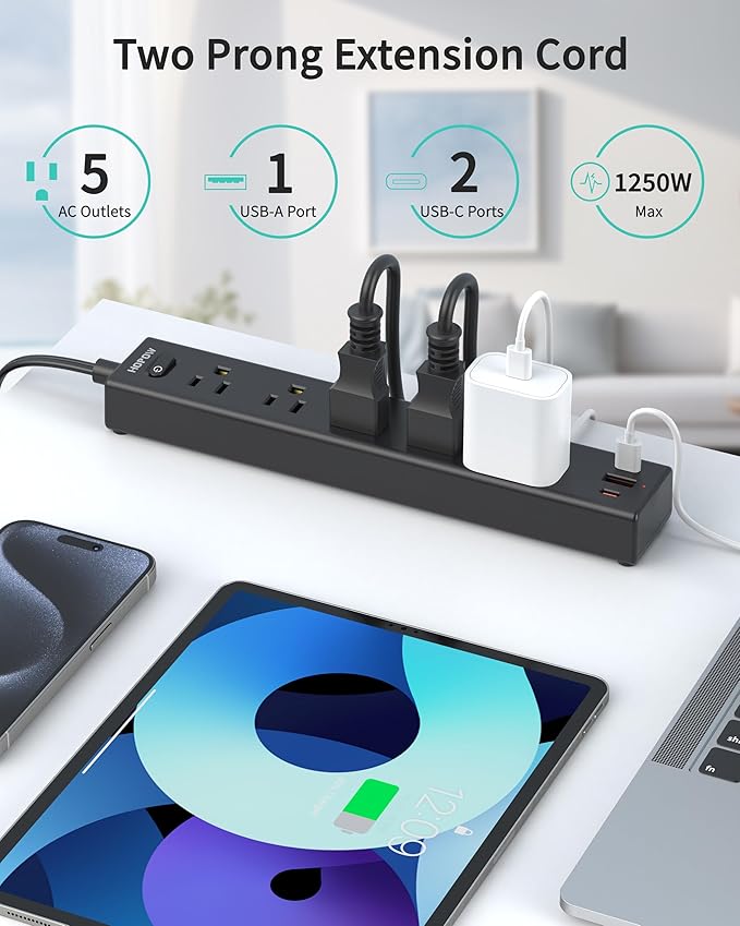 2 Prong Power Strip, 2 to 3 Prong Outlet Adapter with Polarized Plug, 1700J Surge Protector, 6ft Two Prong Extension Cord, 5 AC Outlets & 3 USB(5V 3.4A Max), Wall Mount for Non-Grounded Outlet