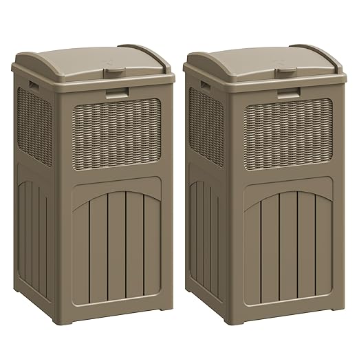Flamaker 30 Gallon Trash Can, Resin Outdoor Garbage Can with Lid, Waterproof Hideaway Patio Waste Bins for Outside Use (2 Pack, Brown)