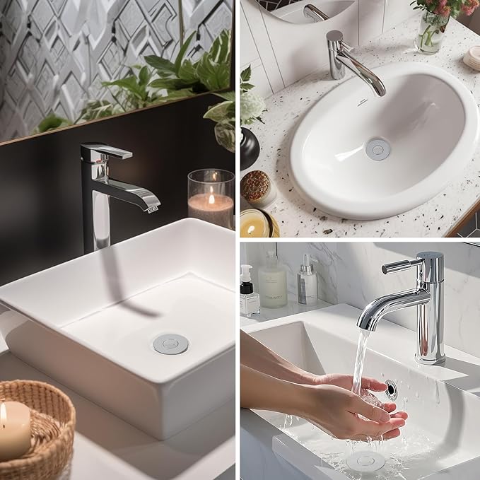 Hibbent 3 Pack Upgraded 3 in 1 Bathroom Sink Drain Strainer, Universal Pop Up Stopper with Removable Stainless Steel Filter Basket Hair Catcher, Sink Plug for 1.1''~2.36'' Basin, Brass Core, Chrome