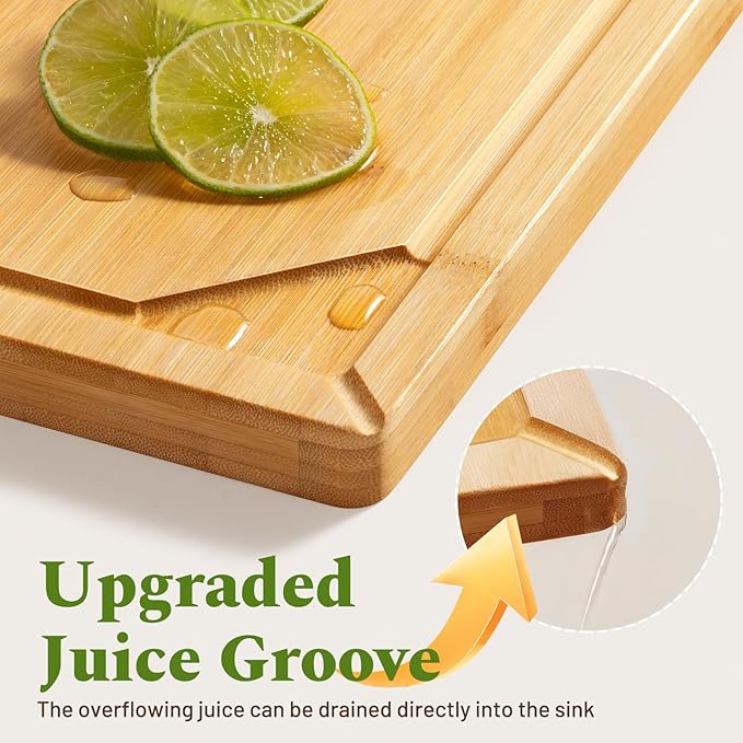 Kikcoin Bamboo Cutting Board for Kitchen, 3 Piece Wood Cutting Boards Set with Stand and Non-slip Feet, Knife Friendly Chopping-Board with Juice Grooves, Lightweight Serving Tray with Built-in Handles