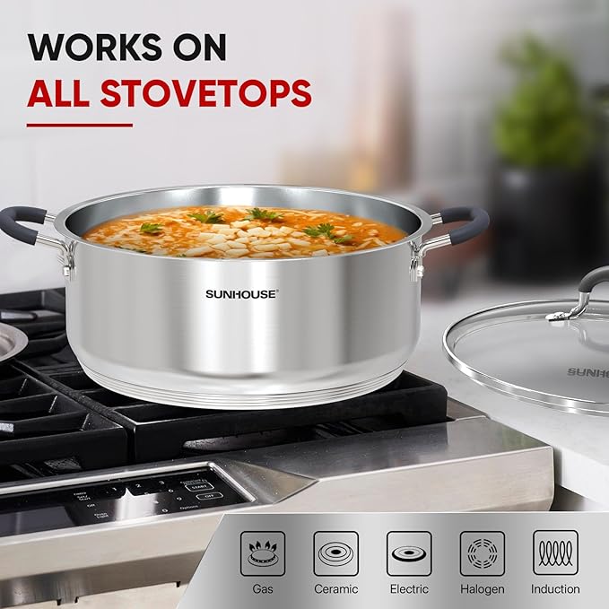 SUNHOUSE - 5.5 Quart Steamer Pots With Lid 2-Tier Multipurpose Stainless Steel Steaming Pot Cookware With Handle For Vegetable, Dumpling, Sauce, Food - Triple Bottom, Measurement Line