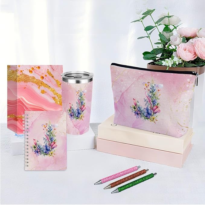 Personalized Gifts Monogrammed Birthday Gifts for Women, Maid of Honor Bachelorette Wedding Christmas Initial 20 oz Tumbler, Makeup Bag Cup Pens Journal Notebook 6 Set, (Aesthetic Pink Flower J)