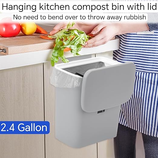 Compost Bin for Kitchen -2.4 Gallons/9L Trash Can for Under Sink,Hanging Small Trash Can with Lid for Bathroom/Bedroom, Indoor Compost Bucket (Grey)