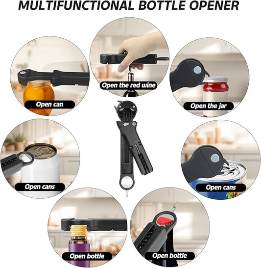 7 in 1 Jar Opener Bottle Opener and Wine Opener for Seniors with Arthritis, Weak Hands, Multi Retractable Magnetic Can Opener, Original Kitchen Lid Opener Tool (Black)
