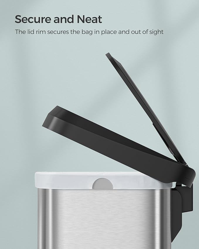 SONGMICS Kitchen Trash Can, 13 Gallon (50 L) Stainless Steel Garbage Can, with Stay-Open Lid and Step-on Pedal, Soft Closure, Tall, Large and Space-Saving, Silver and Black ULTB530E50