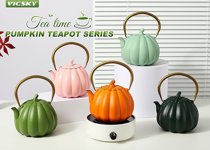 VICSKY Orange Pumpkin Cast Iron Teapot, Natural Pumpkin Color, Japanese Cast Iron Tea Kettle Stovetop Safe with Infuser, Cute Creative Pumpkin Halloween Teapot(40oz/1200ml, Orange)