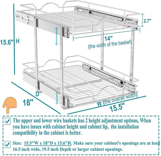 OCG 2 Tier Pull Out Cabinet Organizer (15.5" W x 18" D), Pull Out Drawers for Kitchen Cabinets, Pull Out Shelves for Base Cabinet Organization in Kitchen Bathroom Pantry, Chrome Finish
