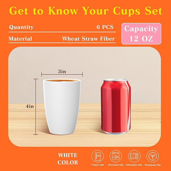 Homienly Wheat Straw Drinking Glasses, 12 OZ Alternative to Plastic Cups Set of 6, Reusable Drinking Cups for Kitchen, Outdoor, Unbreakable Lightweight Water Tumblers, Dishwasher Safe Cup Set(White)