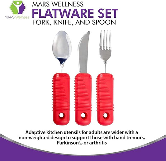 3 Piece Super Easy Grip Red Flatware Set - Bendable Built Up Large Fork, Knife, and Spoon - Red