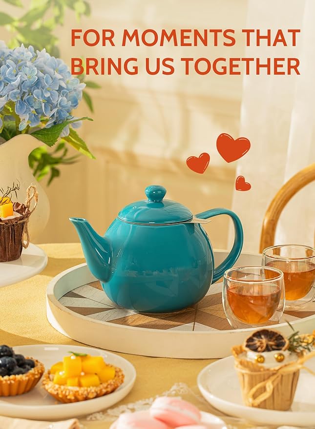 Sweese Teapot, Porcelain Tea Pot with Stainless Steel Infuser, Blooming & Loose Leaf Teapot - 27ounce, Steel Blue