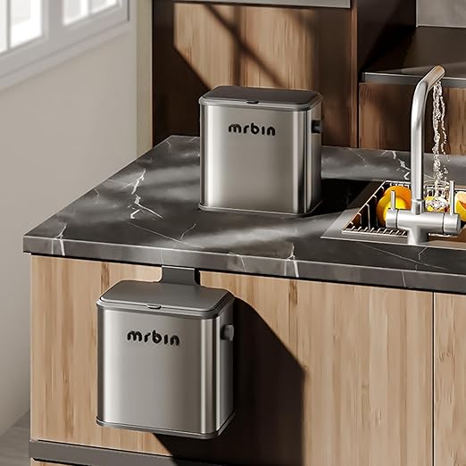 MRBIN Stainless Steel Compost Bin Countertop with Lid, Hanging Trash Can for Kitchen Cabinet Door, Wall Mounted Indoor Recycle Basket Food Waste Scrap Dustbin for Kitchen Under Sink with Inner Bucket