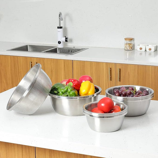 304 Stainless Steel Microporous Colander, 2.5QT Large Capacity with Mixing Bowl For washing vegetables, fruit and rice and for draining cooked pasta(2PC)
