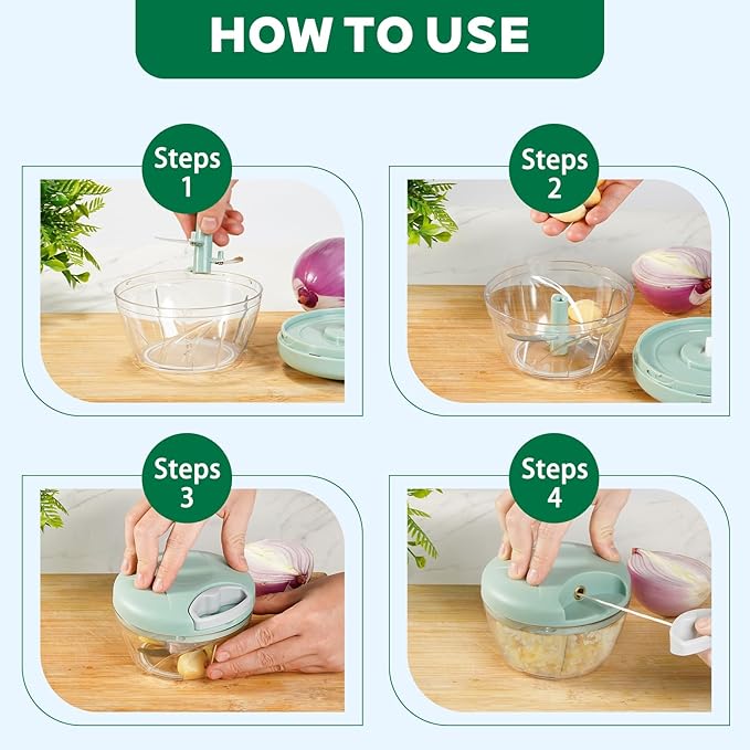 Manual Food Processor Vegetable Chopper, Portable Hand Pull String Garlic Mincer Onion Cutter for Veggies, Suitable for Vegetables, Ginger, Garlic, Fruits, Onion, Potato, Salad (Green 500 ml)