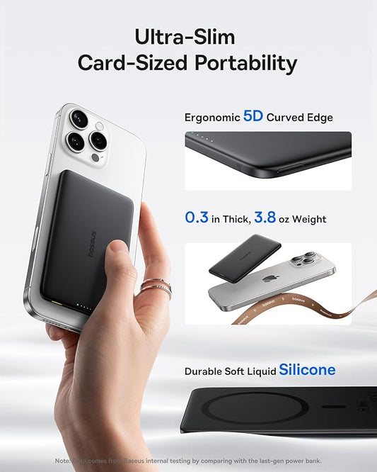 Baseus Picogo Power Bank, 0.3" Ultra Slim 5000mAh MagSafe Portable Charger, Card-Size Magnetic Battery Pack with USB-C Braided Cable, Alloy Wireless Charger for iPhone 17 Pro Max/17 Air/16/15/14/13/12