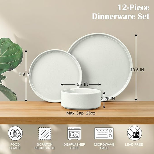E-far Stoneware Dinnerware Sets, 12-Piece Plates and Bowls Dish Set for 4, Kitchen Modern Dinning Dishware, Chip and Scratch Resistant, Microwave & Dishwasher Safe, Speckled White