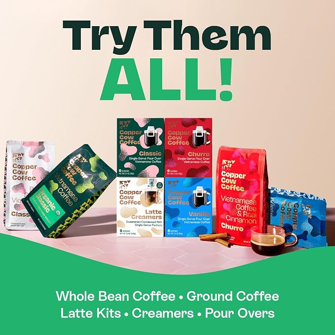 Copper Cow Coffee Pour Over Vietnamese Coffee Pouches + Sweetened Condensed Milk Creamers (8 Coffees & 8 Milk Creamers) | Churro Lattes, No Refrigeration Needed, Travel Friendly Ground Coffee
