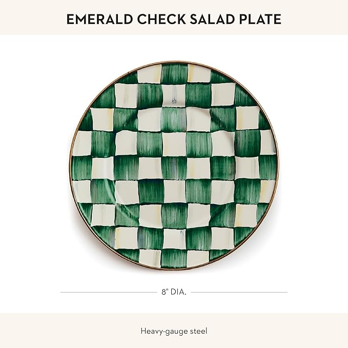 MACKENZIE-CHILDS Enamel Salad and Dessert Plate, Small Plate for a Dessert or Appetizer Dish, 8 Inches, Green-and-White Emerald Check