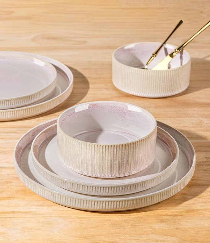 TheTerra Ceramic Dinnerware Sets for 8, 24 Pieces Porcelain Lightweight Speckled Plates and Bowls Sets, Scratch Resistant Dish Set, Oven & Microwave & Dishwasher Safe, Primrose Pink