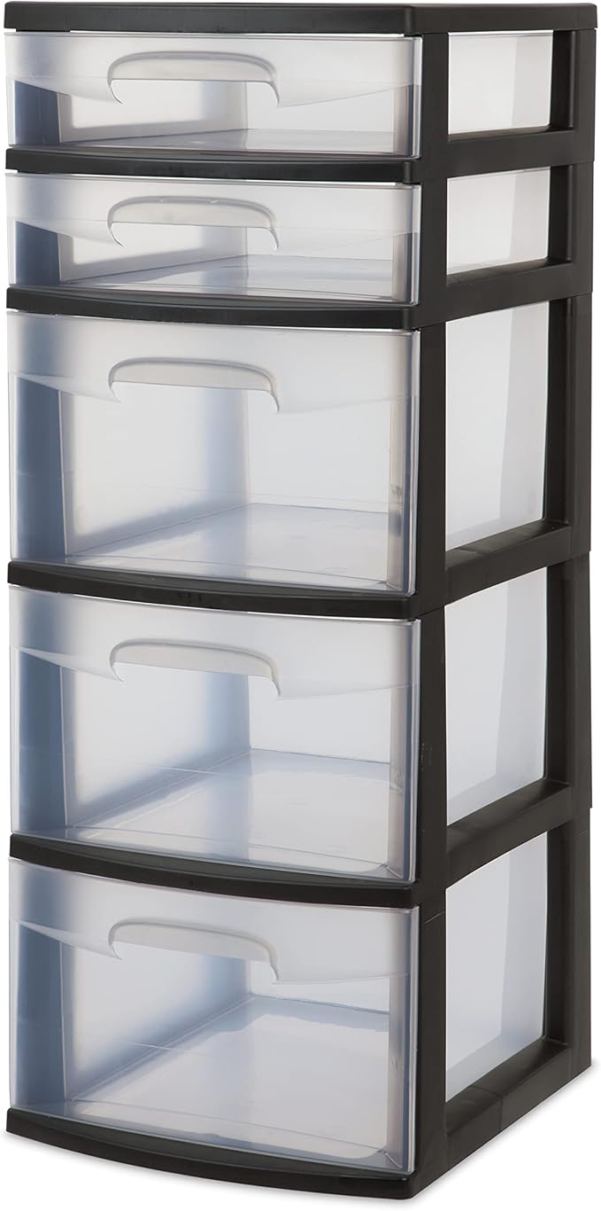 5-Tier Storage Drawer,with Both Shallow and Deep Clear Plastic Storage Organizer Drawer Tower,Suitable for Bedroom,Bathroom and Office Organization Black