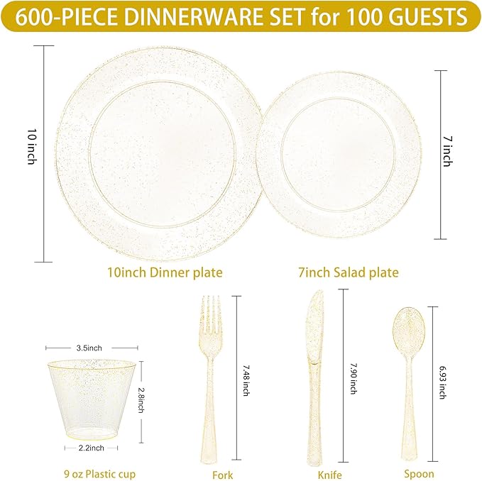 WELLIFE 600 PCS Gold Glitter Disposable Dinnerware Set for 100 Guests, Plastic Plates for Party, Including 100 Dinner Plates, 100 Salad Plates,Cups,Silverware Set for Wedding and Party Supplies