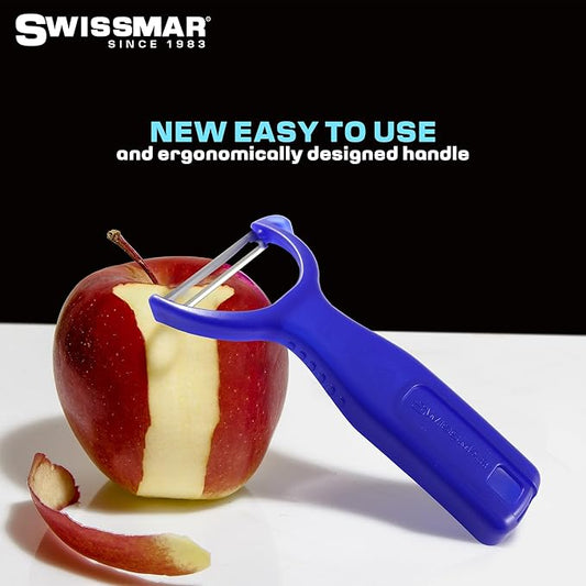 Swissmar Y Peeler with Stainless Steel Scalpel Blade - Perfect for Potato, Vegetable, Fruit, Carrot, Apple, Mango Peeler for Kitchen - Plastic Blade Protector Included - Blue