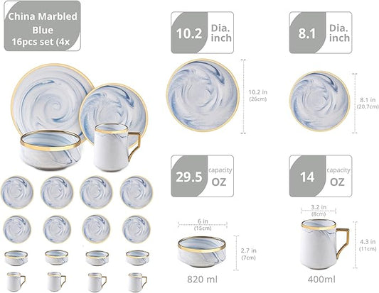 16 Piece Plates and Bowls Sets, Fine China Artisan Marbled Dinner Set for 4, Dishwahser Safe, Scratch Resistant, Blue with Gold Line