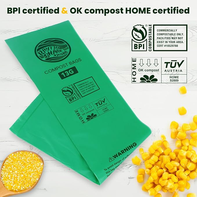 Trash bags 13+ gallon tall kitchen,Compostable Trash Lawn & Leaf Yard Waste Bags,Kitchen Compost Trash Bin Compatible,Extra Thick1.1 Mills,Certified by BPI and OK Compost(50count)