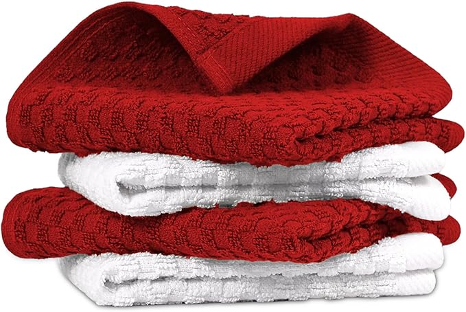 Infinitee Xclusives Premium Dish Cloth 100% Cotton 12 x 12 Inches |Pack of 4| - Ultra Soft Tea Towels - Highly Absorbent Kitchen Rags - Terry Dishcloth for Kitchen and Household Cleaning |Red|