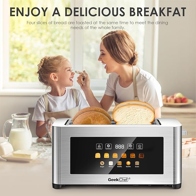 Geek Chef Touch Screen Toaster 4 Slice, 1.5" Extra Wide Slots for Bagels & Waffles, 6 Browning Levels, Timer, Reheat, Defrost, Cancel Function, Auto Shut-Off, Removable Crumb Tray, Stainless Steel