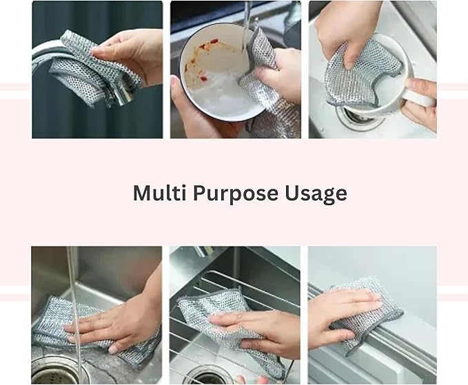 Non Scratch Wire Dishwashing Rag - Upgraded Double Layer 8 Pcs, Reusable Multipurpose Wire Dishcloth for Wet & Dry Cleaning, Ideal for Kitchen, Sinks, Pots & Pans
