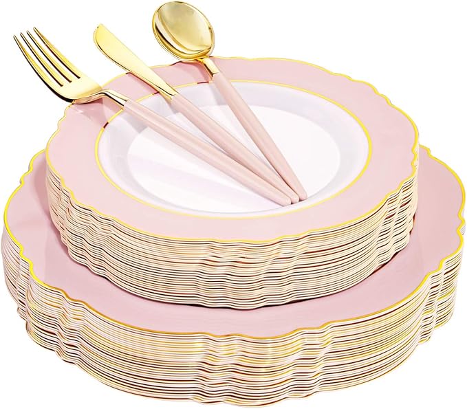 WDF 30Guest Pink Plates Disposable - Hign-end Baroque Design - Gold Plastic Silverware with Handle-Baroque Pink &Gold Plastic Dinnerware for Valentine's Day/Wedding