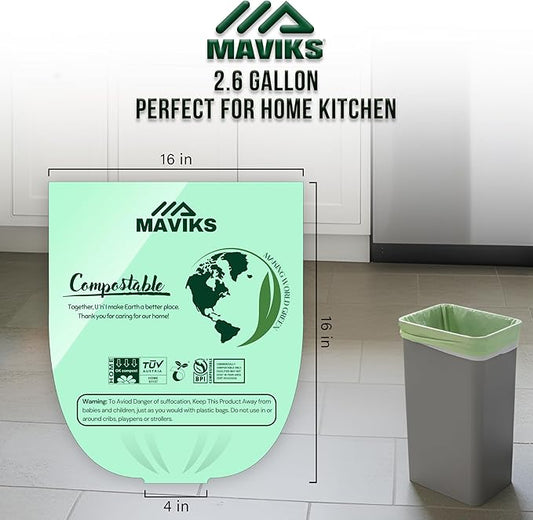 Super Durable Biodegradable Compostable Trash Bags 2.6 Gallons / 9.84 Liter, Green Biodegradable Trash Bags 125 Pcs, Small Kitchen Compost Bags for Countertop Bin, BPI & OK Compost Certified
