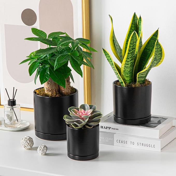 vancasso Ceramic Plant Pots, 3 Piece Planters for Indoor Plants, 4.25+5.25+6.25 Inch Flower Pots with Drainage, Plant Pots Indoor for Succulent, Pothos, Snake Plant and Money Tree, Etc (Black)