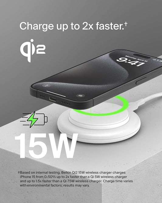 Belkin Magnetic Wireless Charging Pad 15W - MagSafe-Compatible Qi2-Certified Wireless Charger for iPhone 16 Series, Samsung Galaxy S25, AirPods, & More w/Non-Slip Base, Power Supply Included - White