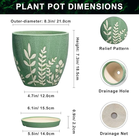 8 Inch Indoor Plant Pot with Drainage and Saucer - Ceramic Planter for Indoor Outdoor Plants, Decorative Flower Pot, Desk Home Office Garden Decor, Plant Lovers Gifts, Green