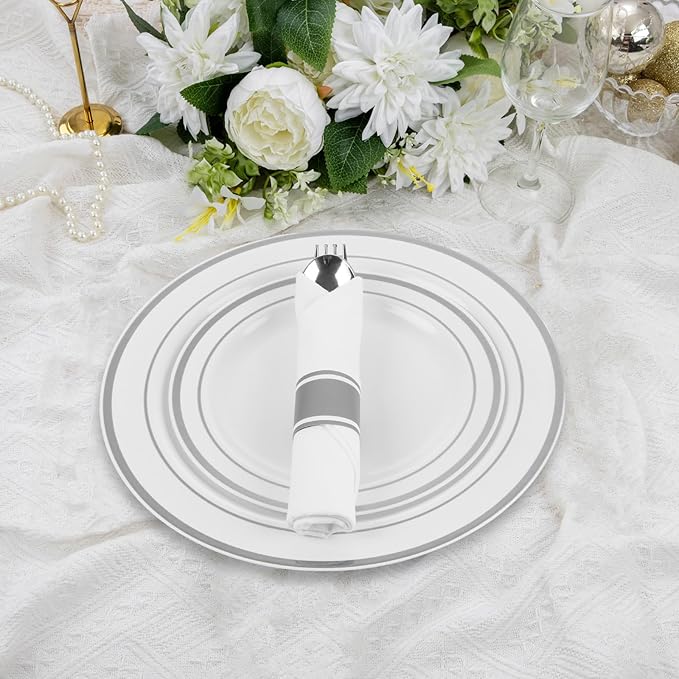 175 Piece Silver Dinnerware Set,25 Silver Rim Plastic Plates, 25 Cups,25 Pre Rolled Napkins with Plastic Silverware, Disposable Dinnerware Set for 25 Guest