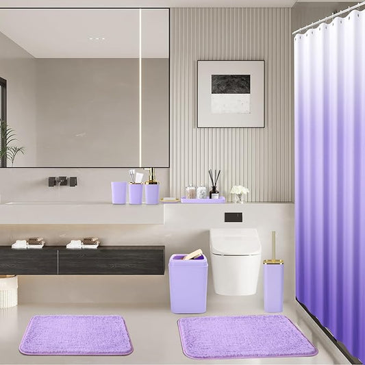 Bathroom Set - Purple Bathroom Sets with Shower Curtain and Rugs, 24PCS Shower Curtain Set with Hooks, Soap Dispenser, Soap Dish, Toilet Brush Holder and Trash Can for Housewarming