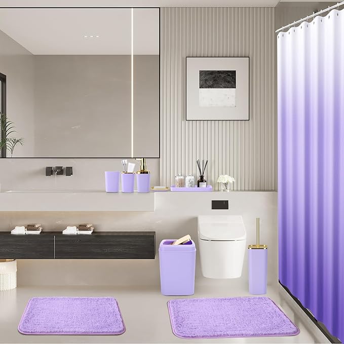 Bathroom Set - Purple Bathroom Sets with Shower Curtain and Rugs, 24PCS Shower Curtain Set with Hooks, Soap Dispenser, Soap Dish, Toilet Brush Holder and Trash Can for Housewarming