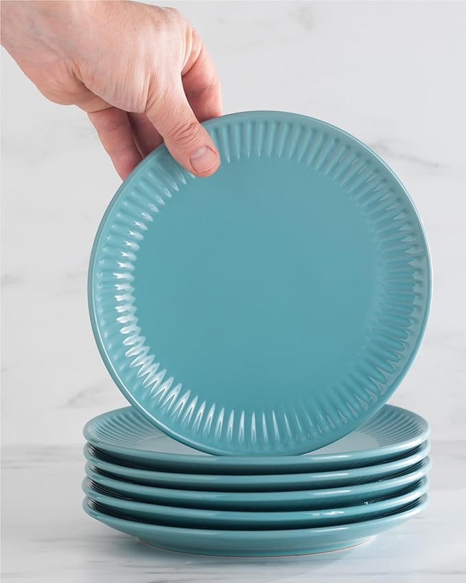 Stoneware Dinnerware Set for 4 People HYGGE 12-Piece - Elegant Scandi Design - Premium Dish Set - Bowl and Plate Set - Tableware for 4 People in a Ribbed Design - Pure Living in Green