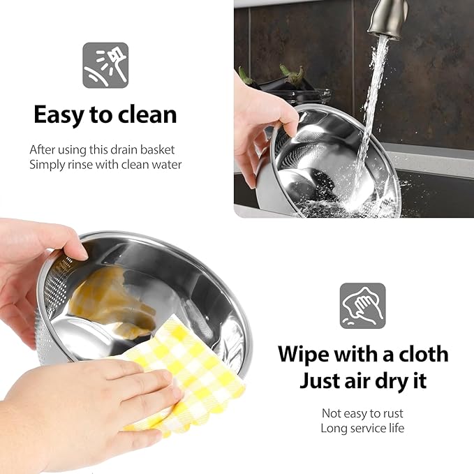 4PCS Rice Washer Strainer Bowl with Side Drainers Stainless Steel Rice Washing Bowl Multifunctional Colander for Cleaning Rinsing Fruits Vegetables Beans Silver