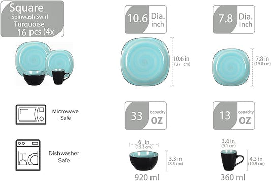 Stoneware Square 16pc Dinnerware Set, Inside Spinwaseh Swirl Turquoise + Outside Black