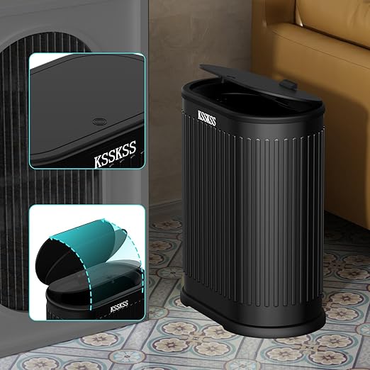 1.8 Gallons Small Stainless Steel Trash Can with Press Type Lid, Slim Bathroom Garbage Bin, Removable Liner Bucket, Dog Proof Narrow Wastebasket with Pop-Up Lid for Bedroom,Toilet (Matt Black)