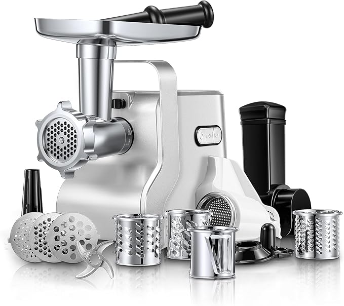 Meat Grinder Heavy Duty - 5 in1 Meat Grinder for Home Use - 3000W Max Powerful - Sausage Stuffer with 3 Stainless Steel Grinding Plates - Size #12 (silver)