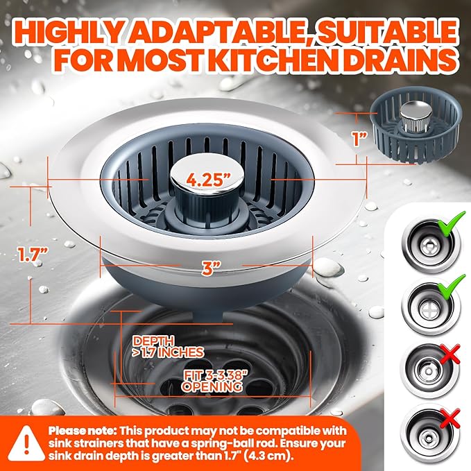 Sink Drain Strainer - Sink Stopper, 3-in-1 Kitchen Stainless Steel Drain Plug with Anti-Clog Basket, Pop-Up Cover Fits Standard 3-1/2” Openings for Double Bowl Kitchen Sinks